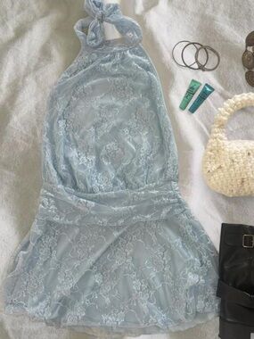 Light Blue Lace Backless Halter Dress by